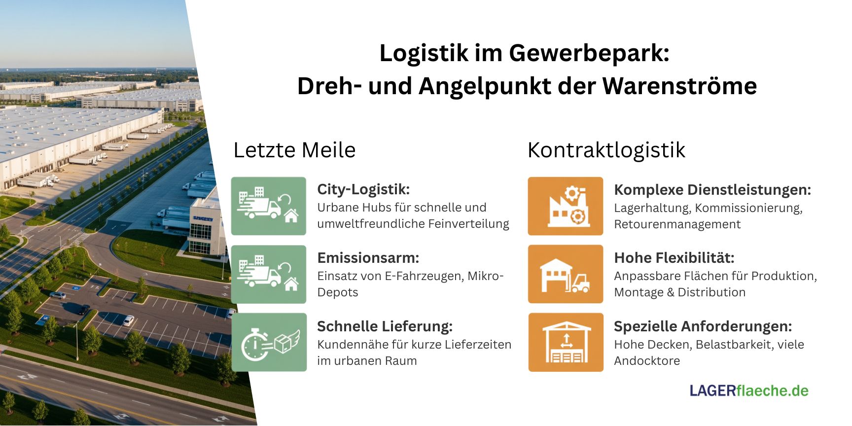 Infografik: Logistik im Gewerbepark. Zeigt, wie Gewerbeparks als Hubs für City-Logistik (urbane Feinverteilung, emissionsarm, schnelle Lieferung) und Kontraktlogistik (komplexe Dienstleistungen, Flexibilität, spezielle Anforderungen) dienen
